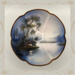 Vintage Hand Painted Footed Noritake Bowl with Swan on Lake